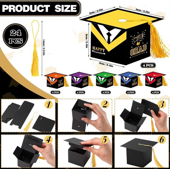 Geschenkdoosjes voor Afstudeerfeest - 24 Stuks, Kleur: Rood, Geel, Oranje, Paars, Groen, Blauw, Met Gouden Flosdraad, 6 x 6 x 6 cm — afbeelding 2
