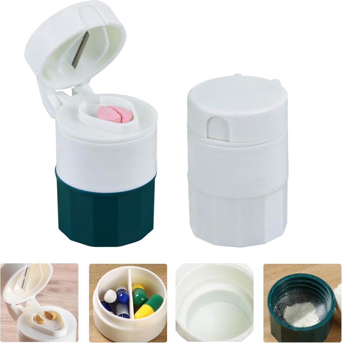 Pillensnijder, 2 stuks pillenbreker voor tabletten met dispenser, multifunctionele pillensnijder voor kleine pillen, 4-in-1 tabletsnijder voor pillen draagbare pillensplitter met verwijderbare