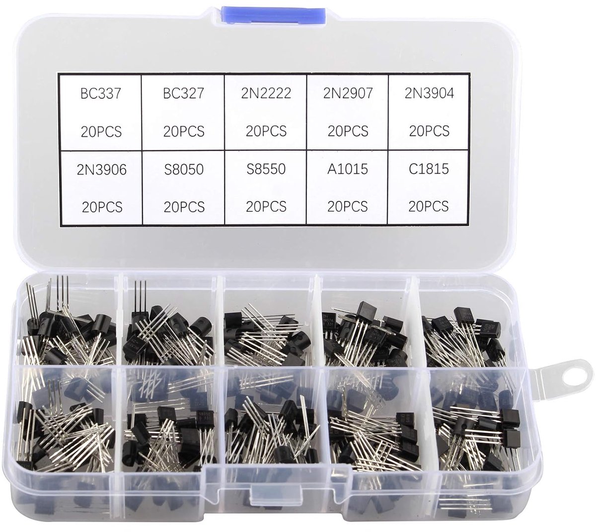200PCS Transistor Kit 10 waarden van NPN PNP Transistor TO-92 Power Transistor Assortiment Kit, Transistors Box Pack voor BC337, BC327, 2N222, 2N2907, 2N3904, 2N3906, S8050, S8550, A101010 5, C18 15