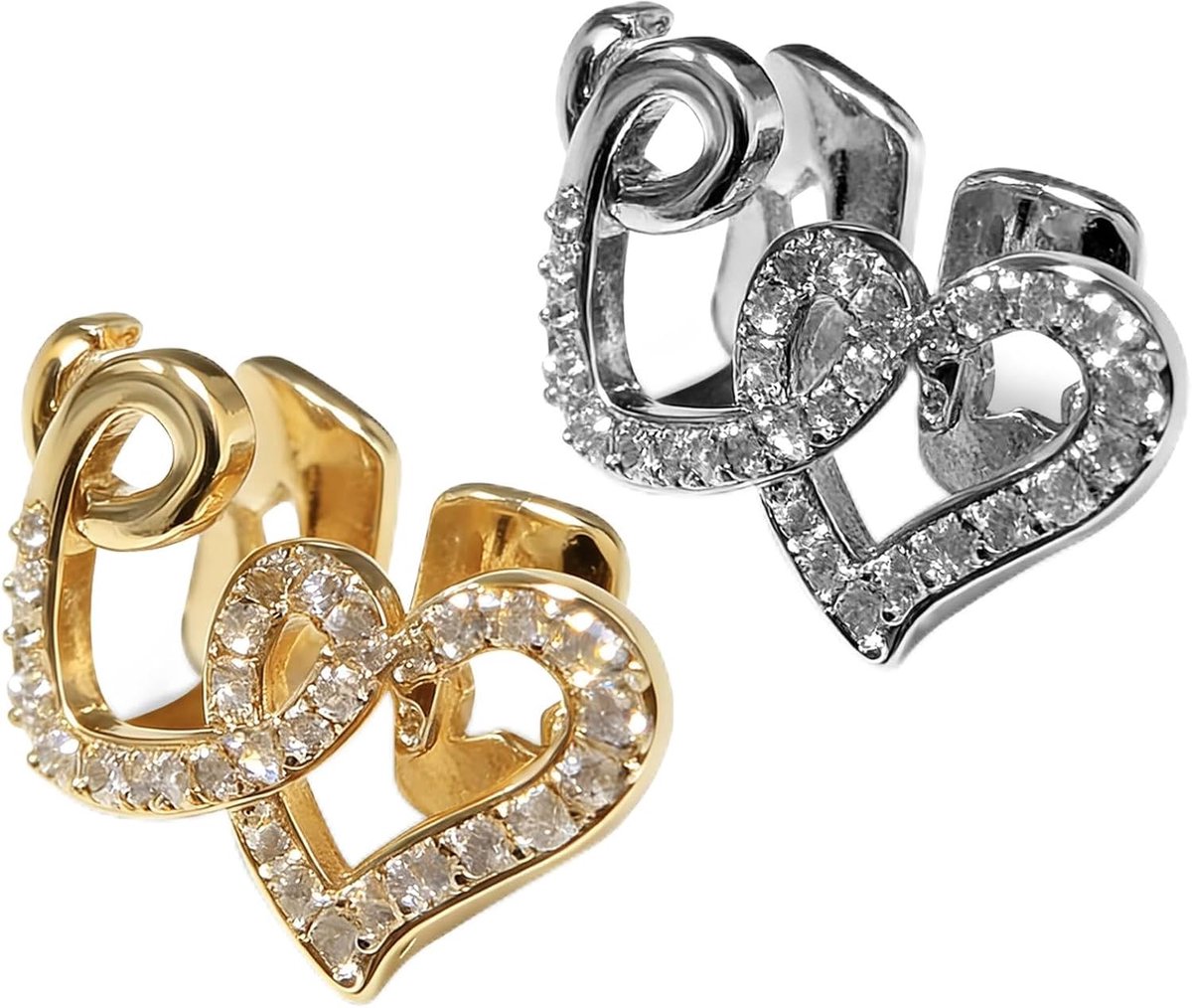 Set van 2 hartvormige grillz, goud en zilver, voor dames en heren, open gezicht, hart, tandsieraden, uitneembare hiphop-tandgrillz voor feest, Halloween, cosplay