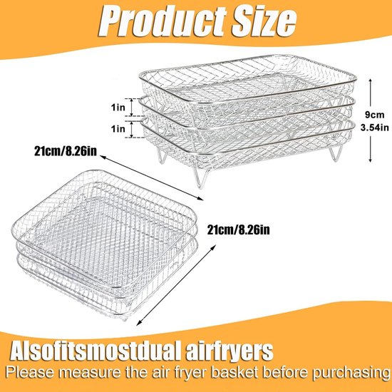 3 stuks manden voor luchtfriteuse, roestvrij staal 304, lagen voor luchtfriteuse in de oven, stapelbare droogmanden, drie rekhouders voor grill, rooster voor luchtfriteuse — afbeelding 2