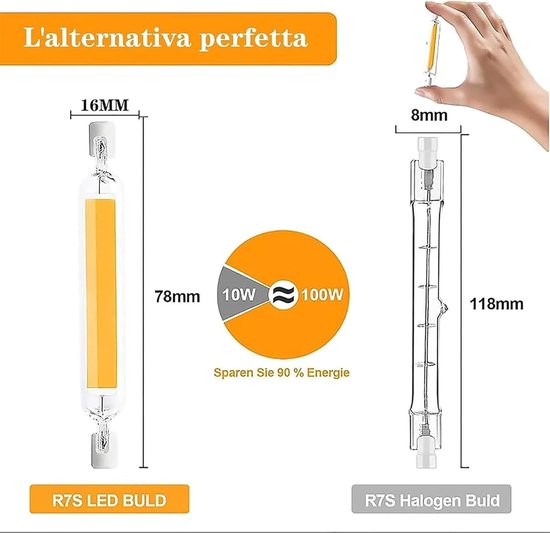 Led-lampen 78 mm, dimbaar, 10 W gelijk aan 78 mm halogeenlamp 100 W, zonder flikkeren, warm wit 3000 K 1000 LM, AC 220-240 V, 360° lichtbundel, set van 2 — afbeelding 2