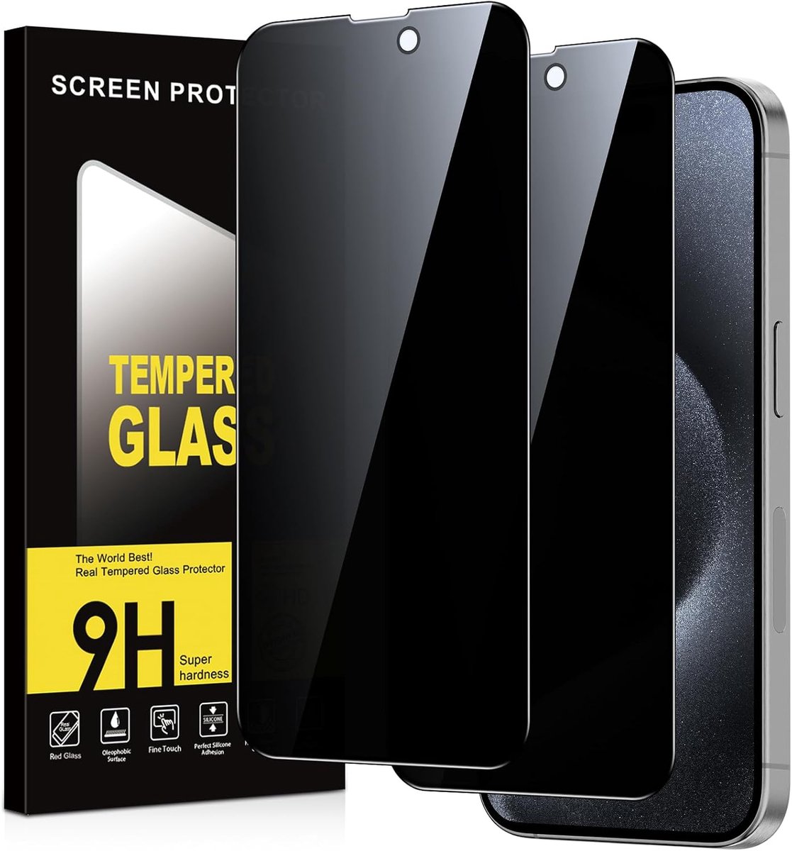 Inkijkbescherming voor iPhone 15 Pro Max, 2 stuks, anti-spionage-hardheid, krasbestendig, luchtbelvrij, privacy-screenprotector