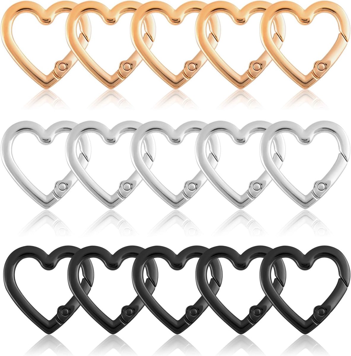 Karabijnhaak, sleutelhanger, 15 stuks, hartvormige karabijnhaken, kleine karabijnhaak, hartvormige karabijnhaak, voor wandelen, vissen, kamperen, goud, zilver, zwart