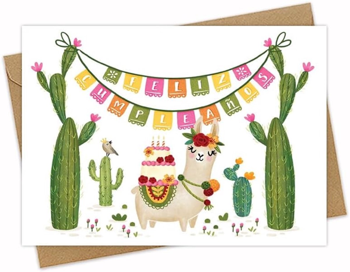 Verjaardagskaart, Spaanse verjaardagsgroet - lama & cactusfeest