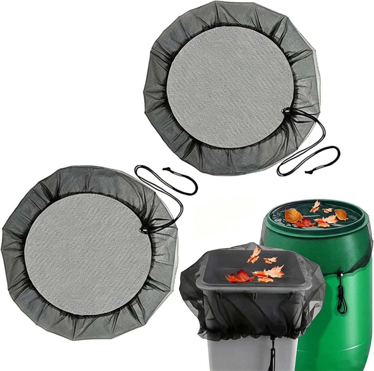 2 stuks, 95 cm, zwart, met trekkoord, net voor regenton, rond, bescherming tegen bladeren, muggen en kleine dieren, geschikt voor regenton in de tuin