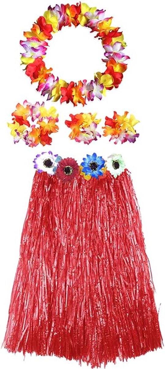 Kostuum voor dames, set met halsketting en Hawaïaanse armbanden voor kostuum, bloem, volwassenen, carnaval, Halloween, party, rok, 60 cm, rood, meerkleurig