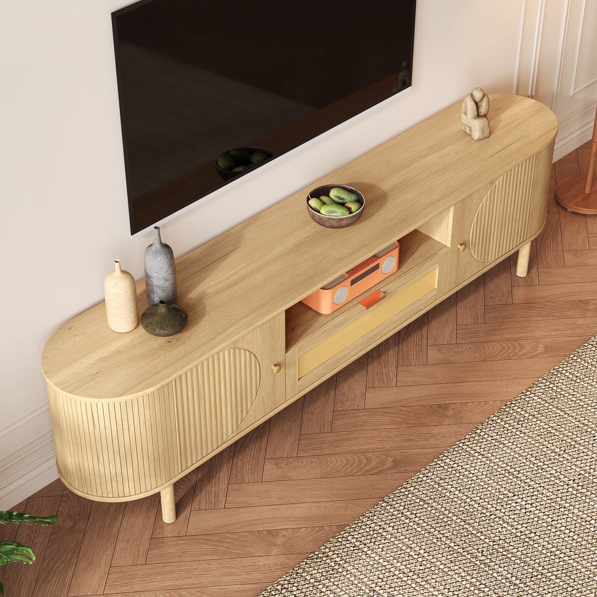 tv meubel met rattan lades en afgerond design - Voor woonkamer en mediakamer - 175 cm breed - Houtkleur - Open vakken en kabeldoorvoer - Metalen poten met houtlook