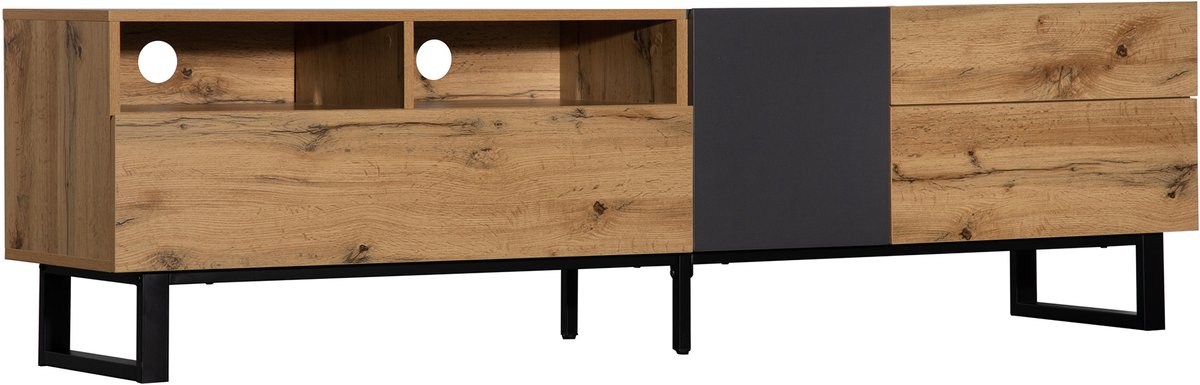 tv meubel - modern colorblock design met houtnerf - 180 cm breed - eiken/antraciet - ruime opbergruimte met deuren en lades - handgreeploos push-to-open systeem - stabiele zwarte metalen poten