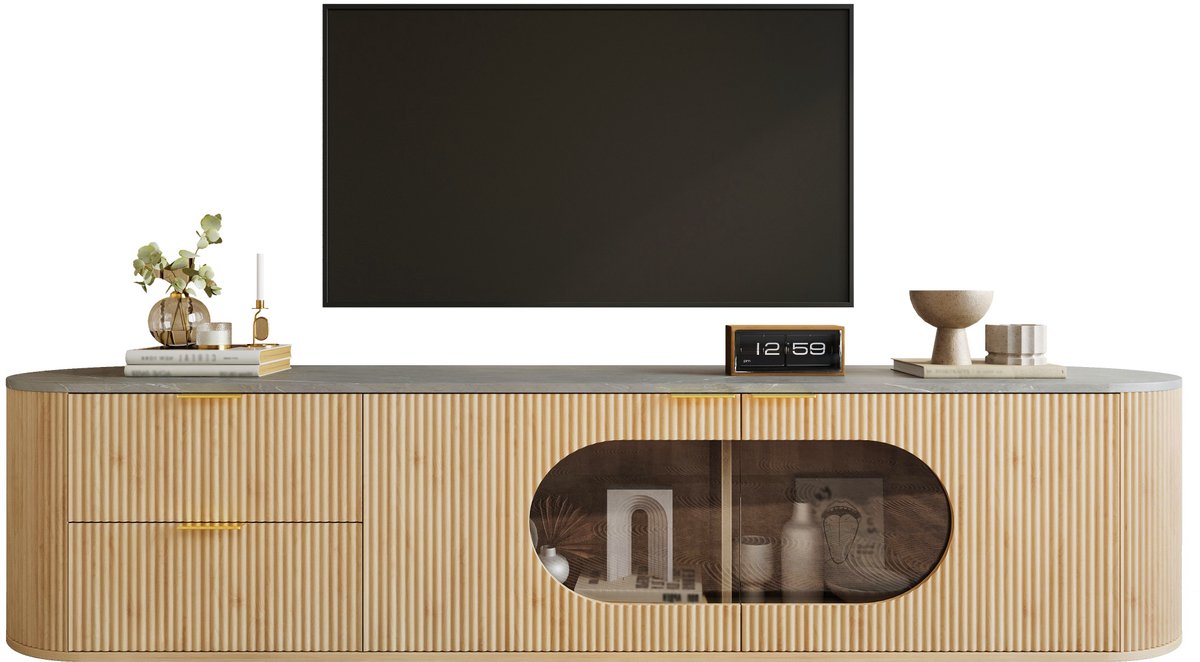tv meubel Natuur 172x38x45,5 cm - Ovaal grijs glazen vitrinekastje en 3D-verticale streepdeuren - Meerdere lades en gesloten kasten - Geschikt voor tv tot 75 inch - Draagvermogen 75 kg - Modern minimalistisch design