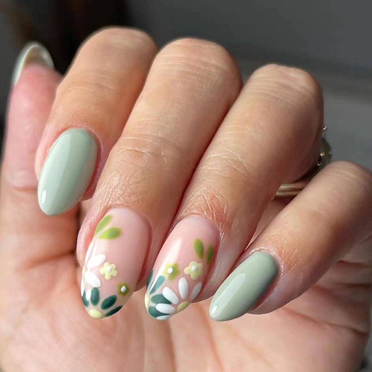 24 stuks nagels om op te plakken, medium amandel, groene bloemen, Franse kunstnagels, ovaal, kleurverloop, kunstnagels, press-on nails met nagellijm, stickers, acryl vingernagels om op te