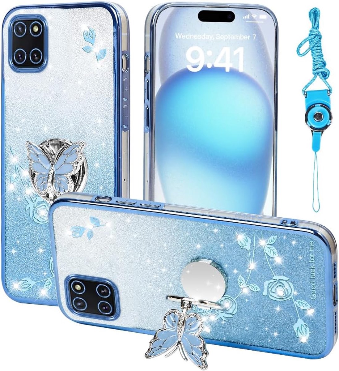 Telefoonhoesje voor Samsung Galaxy Note 10 Lite, telefoonhoes voor A81 vrouwen en meisjes, glitter, vlinder, bloemen, TPU-beschermhoes met standaard + riem, case cover voor Samsung M60s (blauw