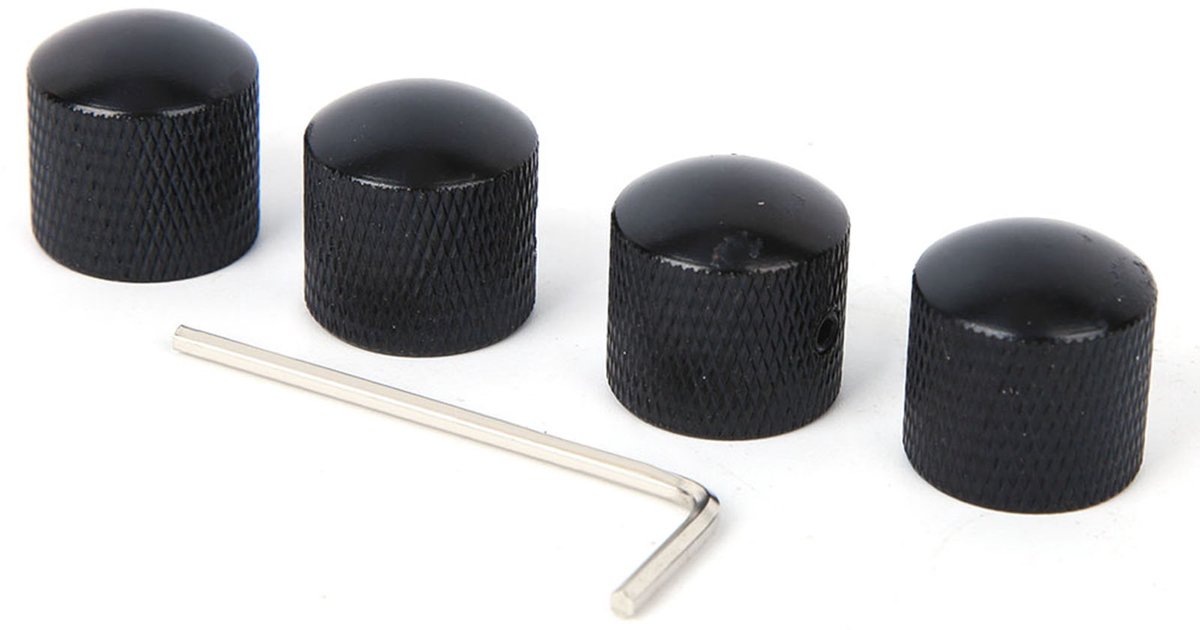 Set van 4 zwarte metalen volumeknoppen voor elektrische gitaar en bas, inclusief sleutel