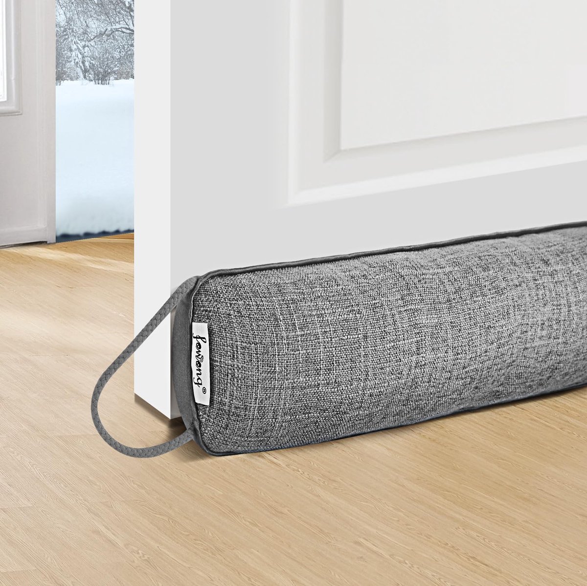 Famanu – Tochtstopper, voor deuren en ramen, 107 x 10 cm, extra zware deurafdichting, wasbaar, energiebesparend, tochtstopper, deuren met zelfklevend plakband, luchtinsect, licht geblokkeerd, grijs