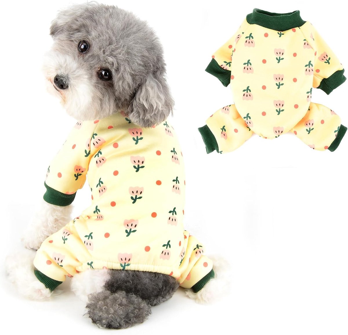 Hondenpyjama voor kleine honden effen fleece huisdierpyjama met bloemenprint zachte en comfortabele puppypyjama herfst/winter pullover chihuahua Yorkie kattenkleding, geel, S