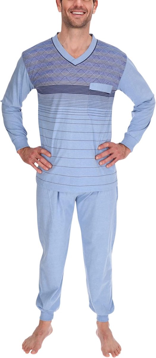 Pyjama heren lang shirt en broek pyjama slaapkleding nachtkleding nachtkleding, maat: XXL, kleur: blauw, Pyjama lang blauw, XXL