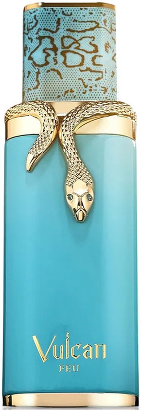 Turquoise fles met gouden slangendetails en de tekst "Vulcan FEU".