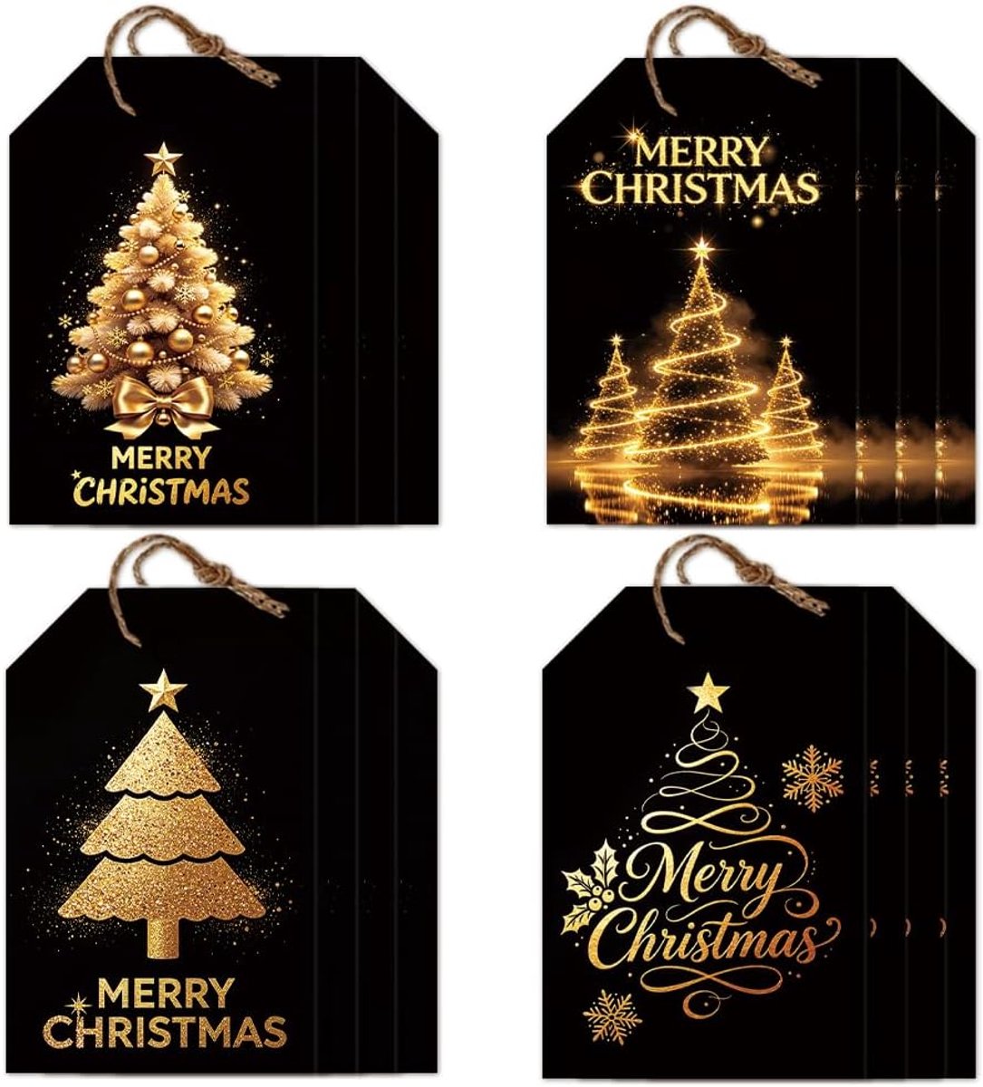 80 stuks cadeauhangers Kerstmis 4 stijlen zwart goud bedankje hangers met koord hangende etiketten 5 x 7,6 cm