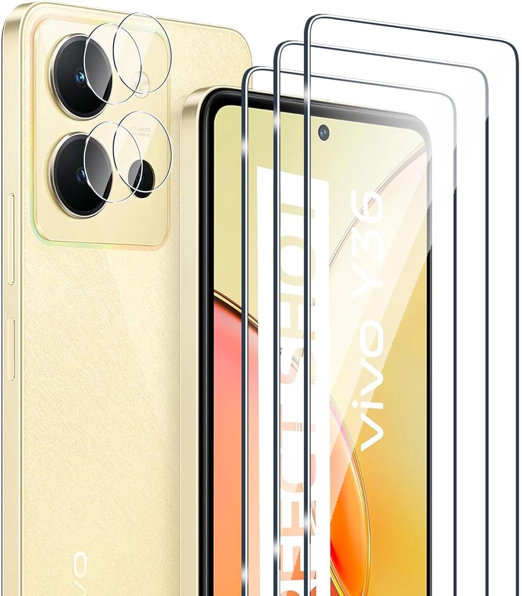 [3+2 stuks gehard glas beschermfolie compatibel met Vivo Y36 en camera, geen luchtbellen, hardheid 9H, krasbestendig, HD-displaybescherming voor Vivo Y36