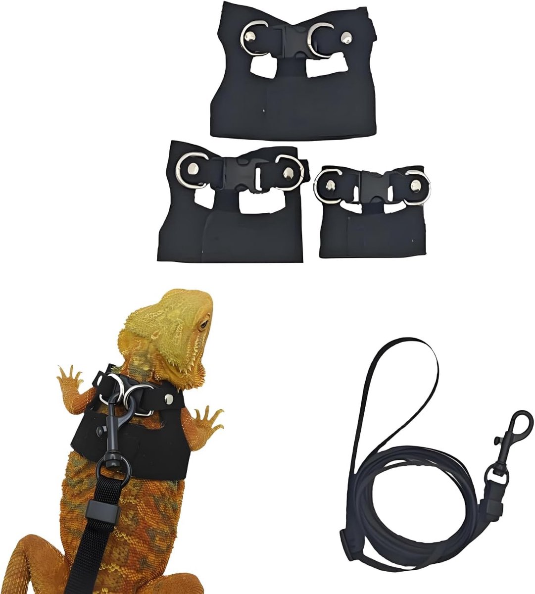3 stuks riem en hondenriem voor bartagamen, vest-serviesset, verstelbaar looptuigje voor reptielen, linnen set voor kleine huisdieren, reptielen, hagedissen en kameleons (zwart)