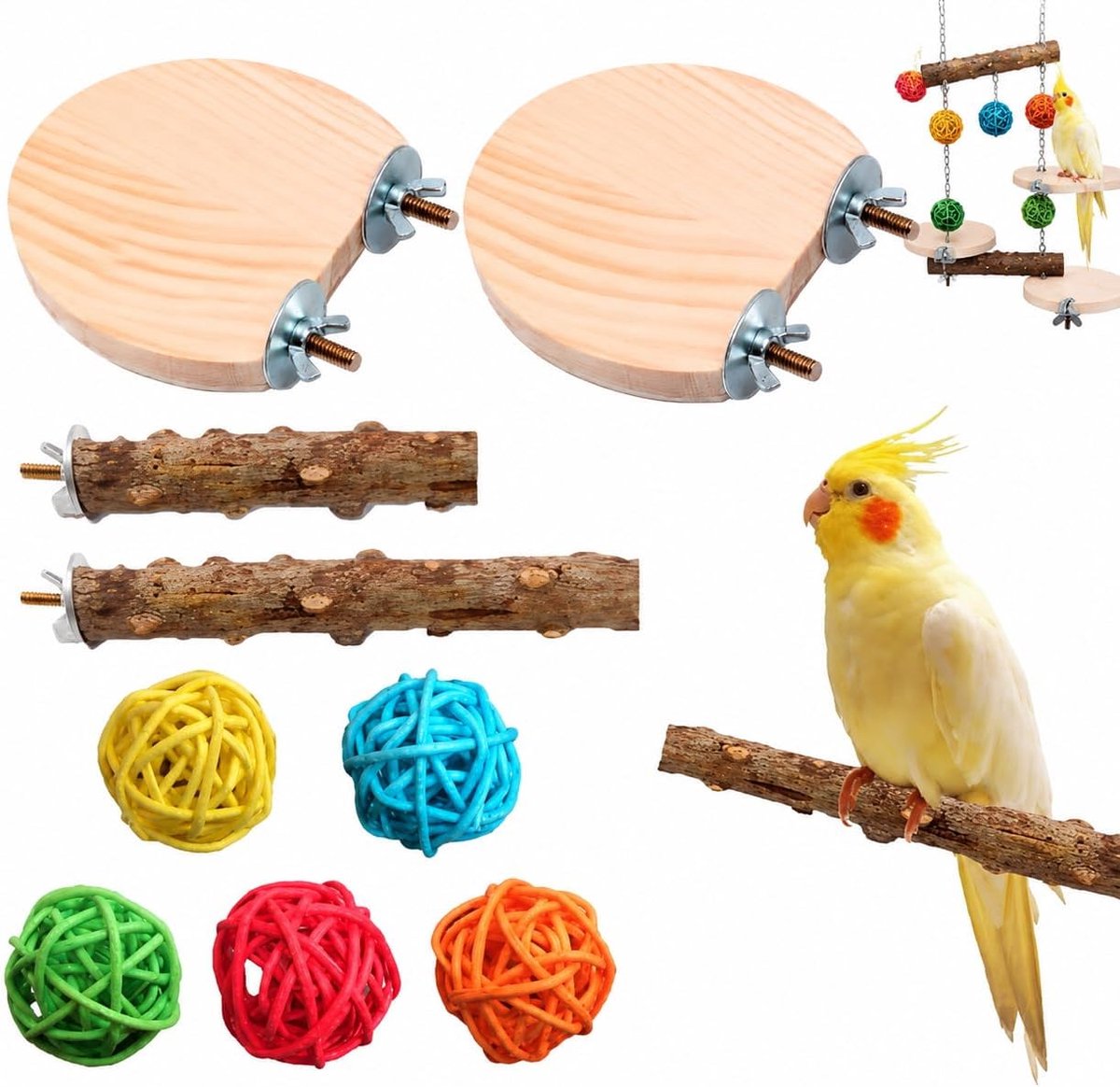Zitstokken Set voor Vogels - Een Fantastisch Houten Speelgoed met Wild Druivenhout Zitstokken voor Vogelkooien, Perfect voor Parkieten en Andere Soortgelijke Formaat Vogels
