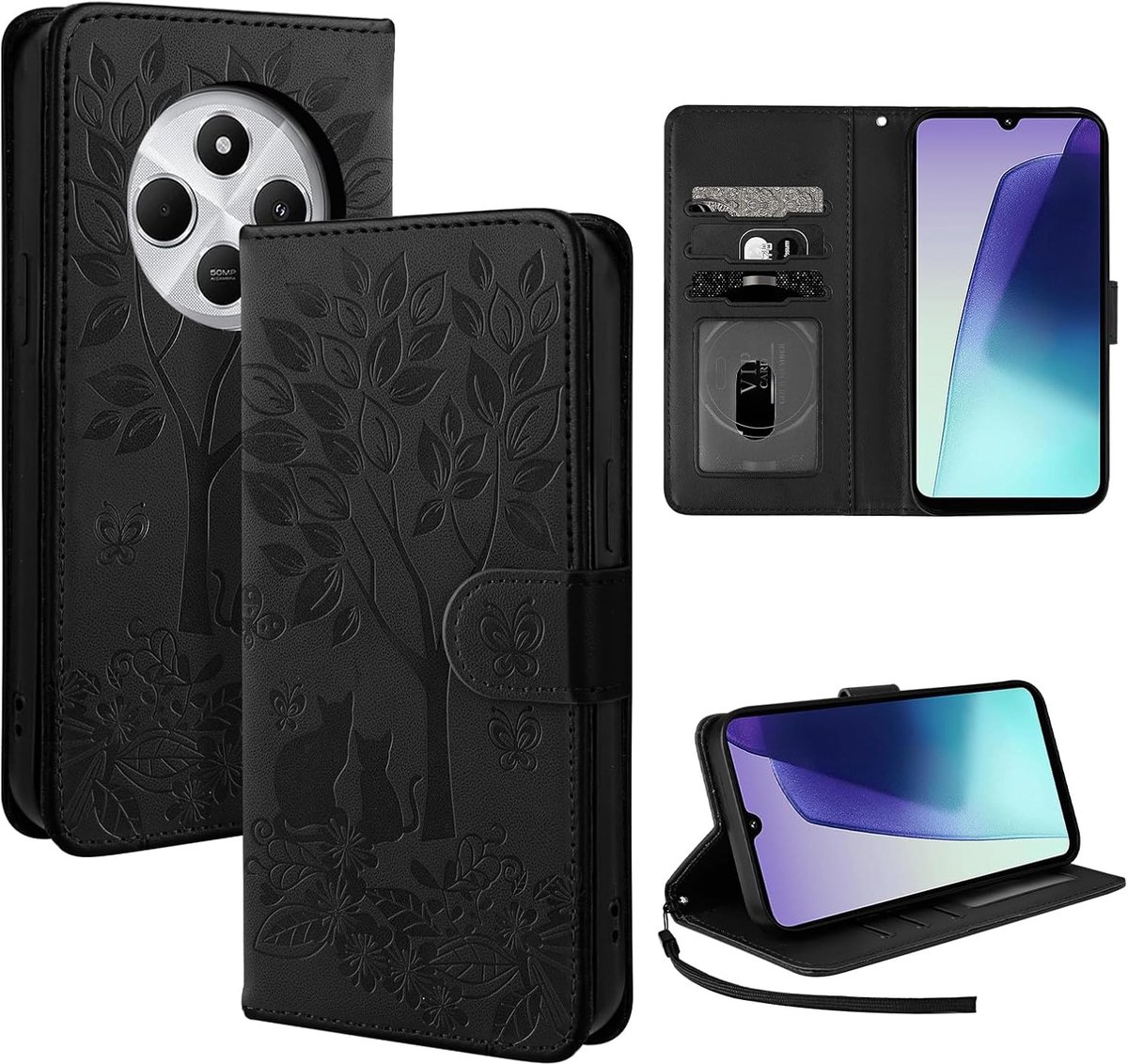 Hoes voor mobiele telefoon voor Xiaomi Redmi 14C 6,88 inch, standaardfunctie, Redmi 14C, hoes met afneembare handlus, Xiaomi Redmi 14C, hoes met kaartsleuven, zwart