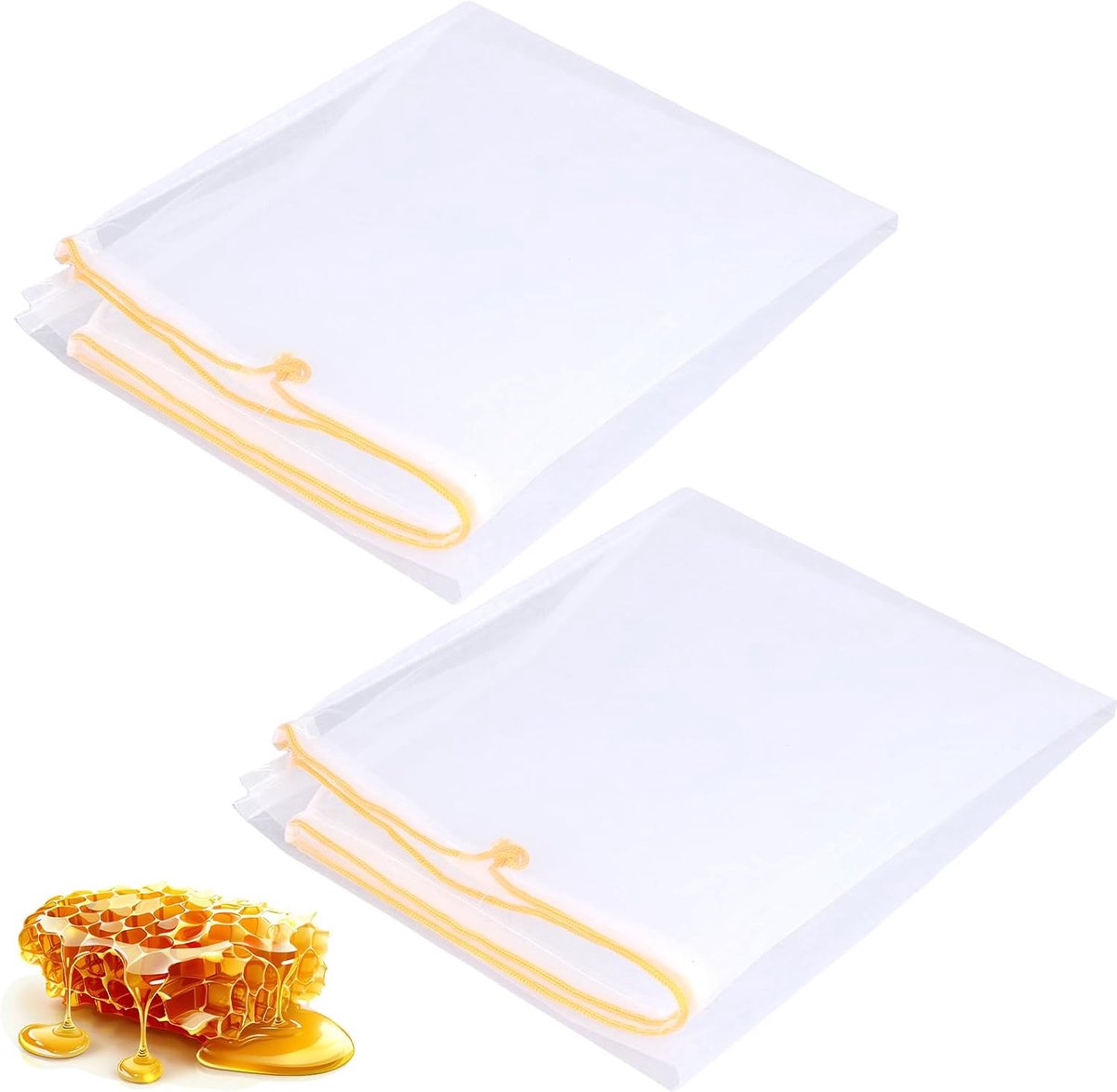 2 Stuks Honingfilterzak, 57,5 x 46 cm Fijnmazige Nylon Zeefzak met Verstelbaar Trekkoord Herbruikbaar Honingfilterdoek Notenmelkzak Bijenteeltbenodigdheden voor Beginners voor Boeren