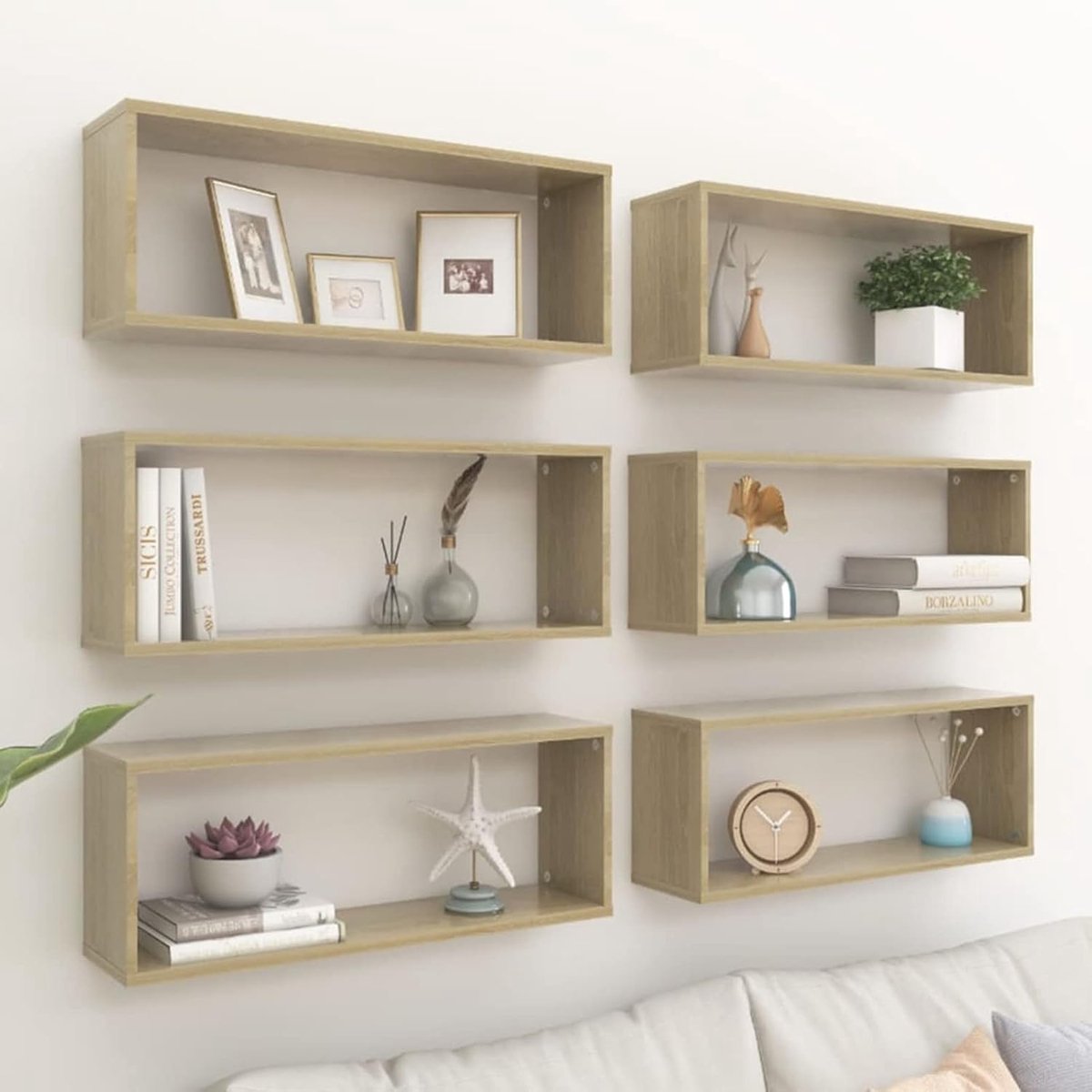 Wandplanken, 6 stuks, wandrek, hangrek voor boeken, voor woonkamer, keuken, slaapkamer, kantoor, spaanplaat, Sonoma-eiken, 60 x 15 x 23 cm