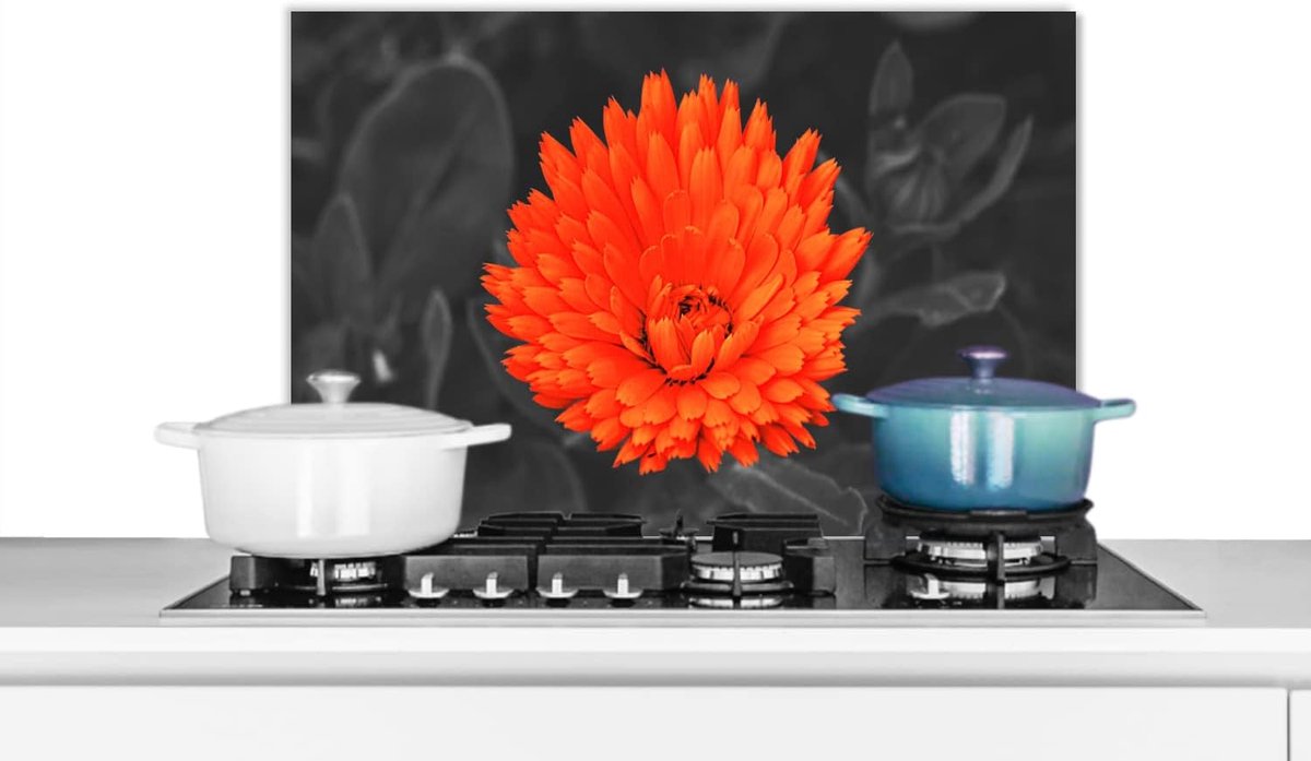 Spatscherm Keuken - 60x40 cm - Bloemen - Oranje - Zwart - Wit