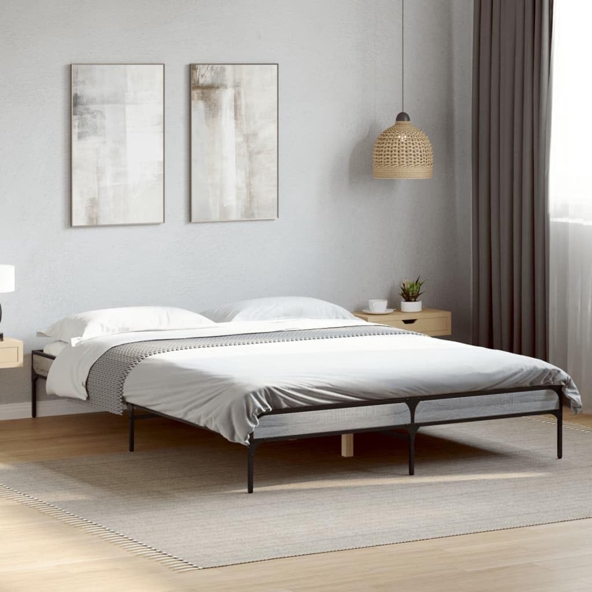 Tweepersoonsbedframe, Bewerkt Hout en Metaal, met Multiplex Latten, Stevige Poten voor Moderne Slaapkamer (150x200 cm(30 cm))