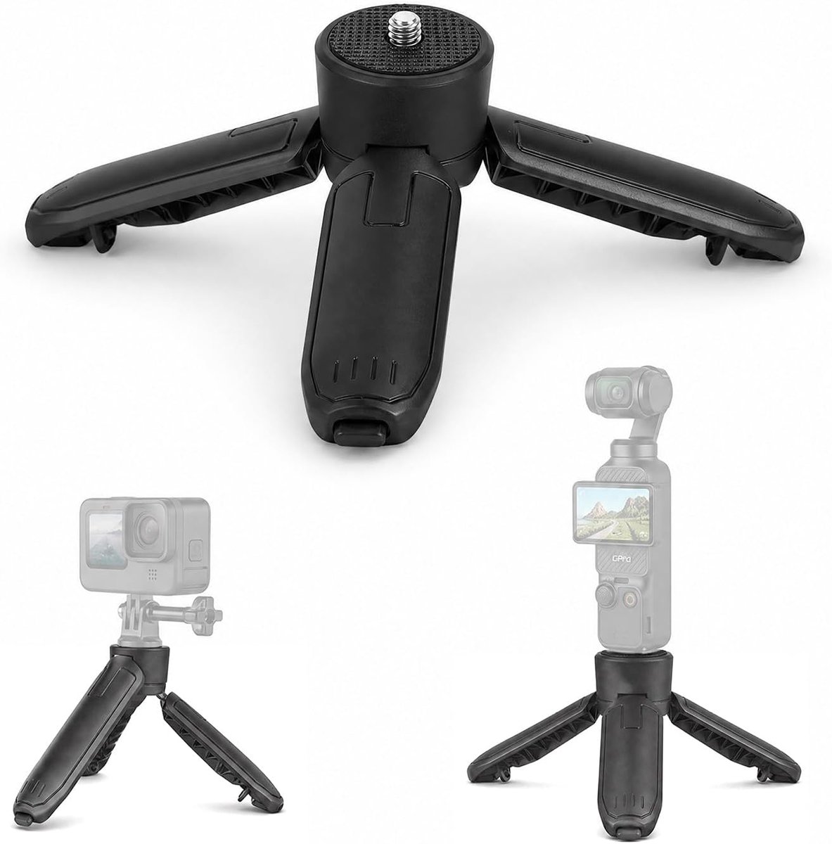 Vlogging desktop statief en handgreep met één sleutel snel openen, 1/4 inch schroef, compacte 9,7 cm standaard voor actiecamera, compacte standaard voor actiecamera en reisfotografie