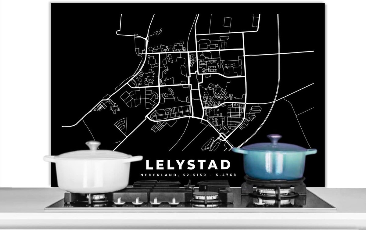 Spatscherm Keuken - 100x65 cm - Kaart - Lelystad - Zwart