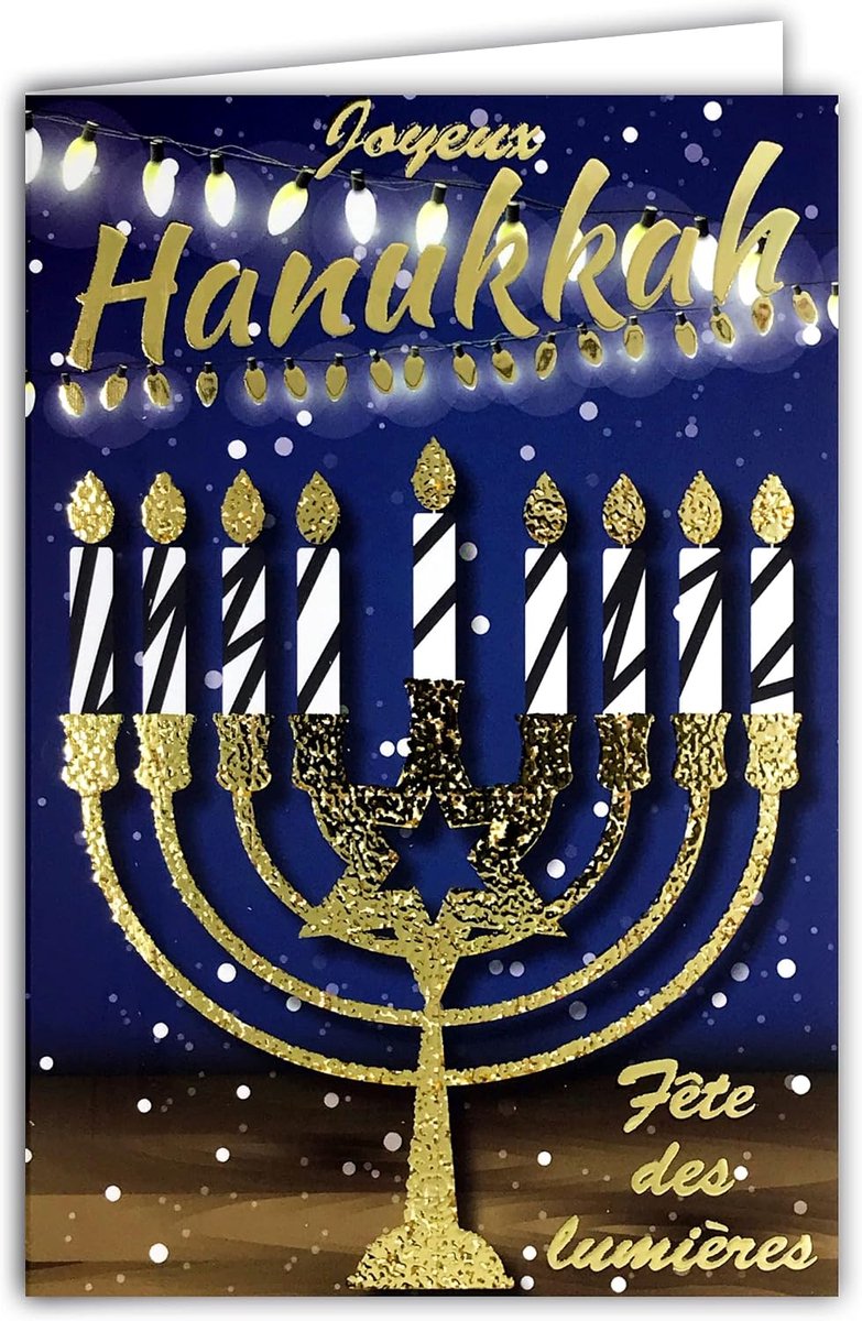 68-8006 kaart Happy Hanukkah Hanukka Joods feest van de lichten judendom kandelaar met 9 takken Davidster in goud glanzende slingers tol 4-zijdig wit formaat 17,5 x 12 cm