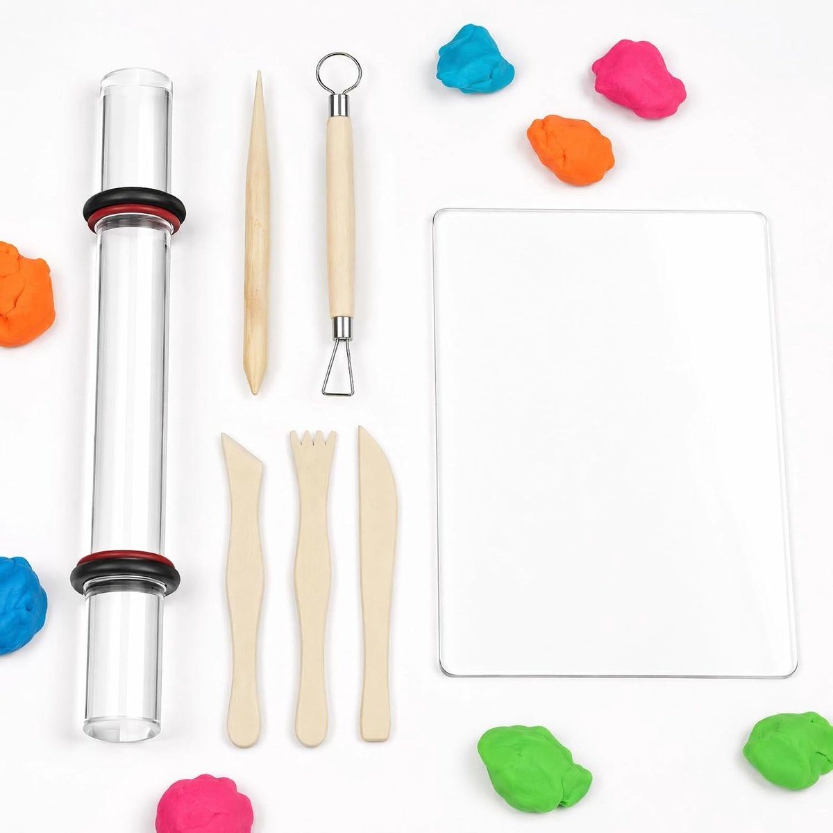 7 stuks polymeerklei accessoires, massieve acryl kleiroller, acryl tonroller en acrylplaat, kleigereedschap, doe-het-zelf rolgereedschap voor het modelleren en vormen van klei, voor