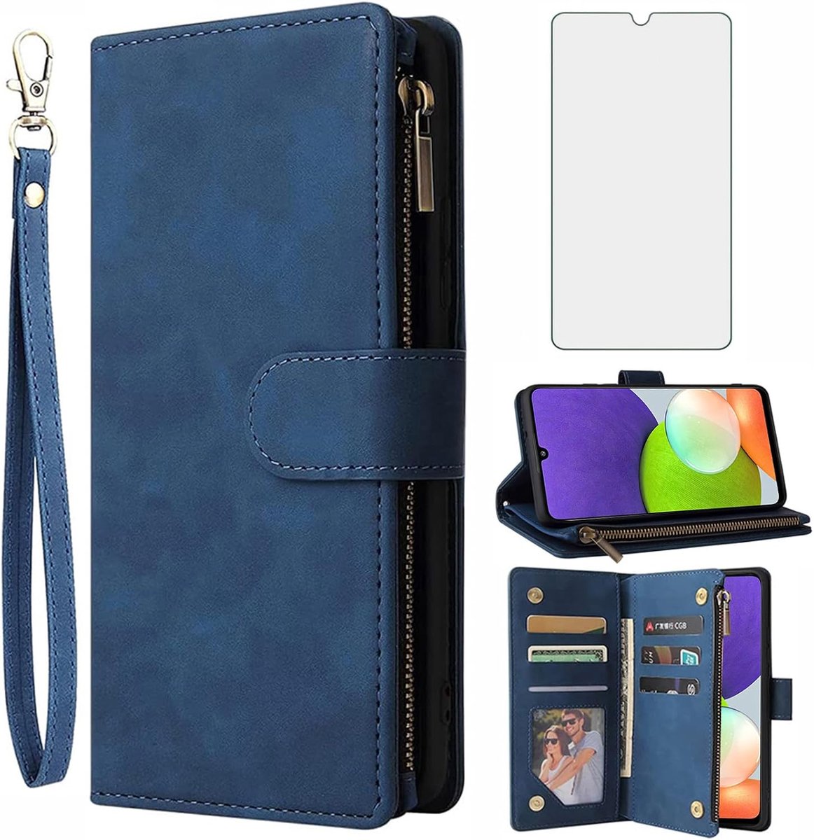 Hoes voor mobiele telefoon voor Samsung Galaxy A22/M32/M22 4G, hoes met folie, beschermfolie en kaartenvak, inklapbaar, lederen portemonnee, standaard, A 22 22A, F22 G4, ritssluiting, mobiele
