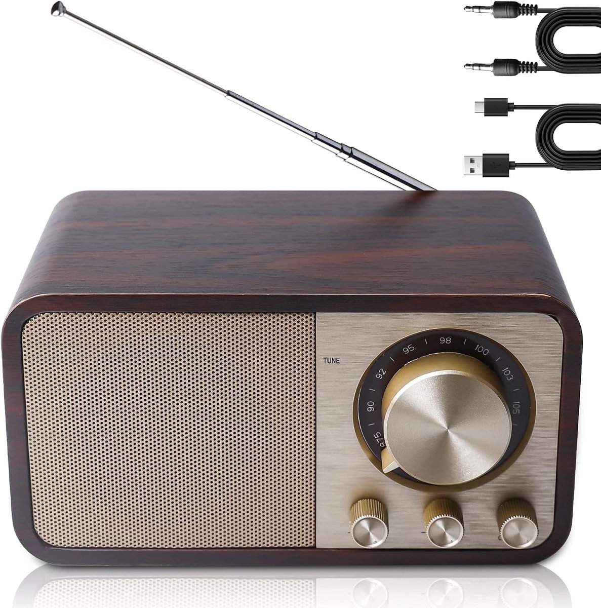 Radio met Bluetooth, nostalgische radio met 1500 mAh batterij, oplaadbaar, USB/TF-kaart/AUX, 5 W luidspreker, houtlook, vintage radio's voor keuken, slaapkamer, kantoor