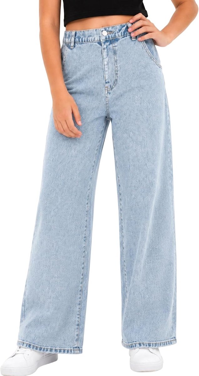 Jeans voor meisjes met losse elastische denim tailleband, blauwe spijkerbroek met modieuze scheuren