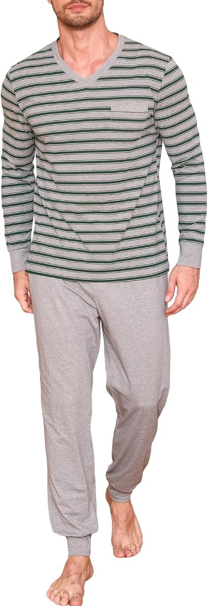 Lange tweedelige pyjamaset, katoen, nachtkleding, lange mouwen, huispak, nachtkleding, nachtkleding met manchetten, V-hals en strependesign