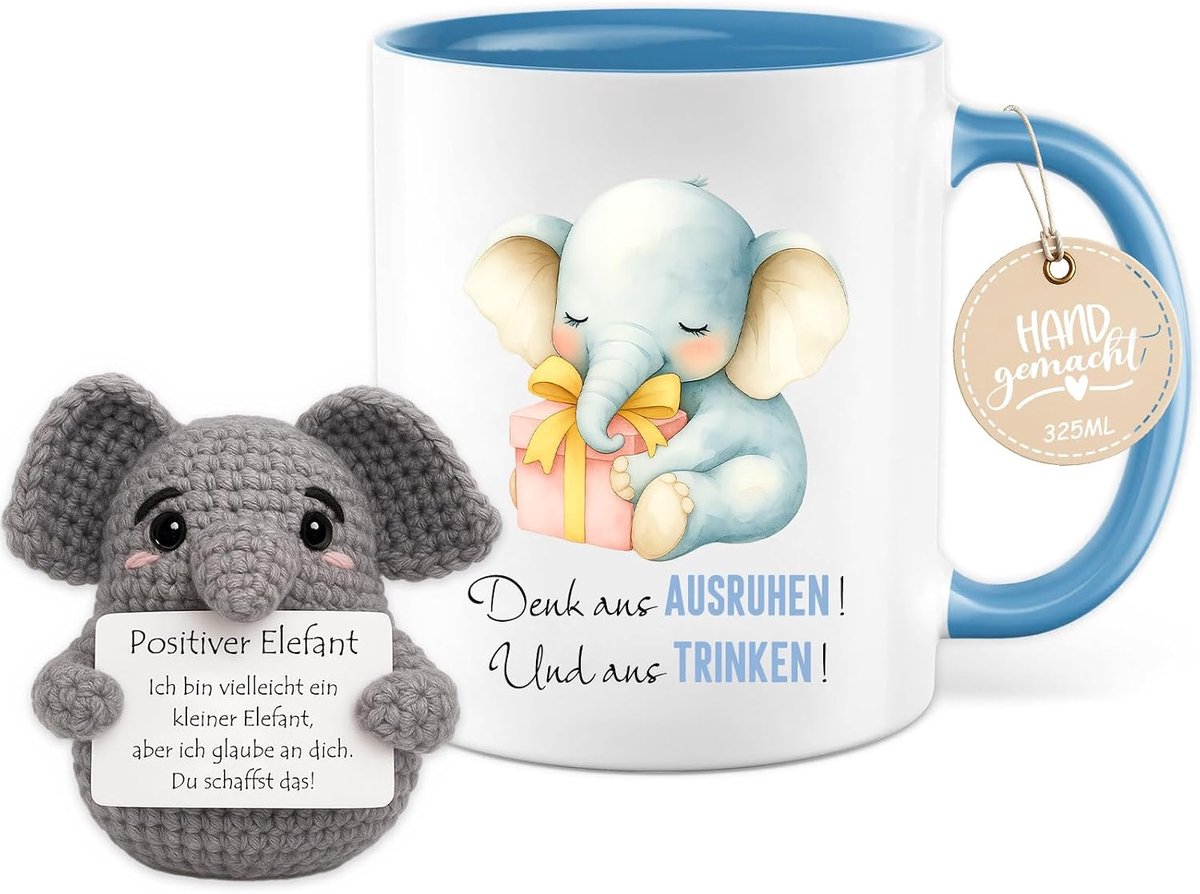 Schoolmok voor jongens en meisjes, 325 ml, mok met gebreide decoratie, positieve olifant, geluksbringer, cadeau voor vrouwen, mannen, kinderen, verjaardag, eerste schooldag, kleuterschool