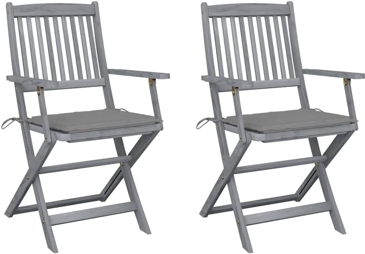 Tuinstoelen 2 stuks met kussens, massief acaciahout grijs, terrasstoelen hout voor eetkamer, belastbaar tot 110 kg per zitting