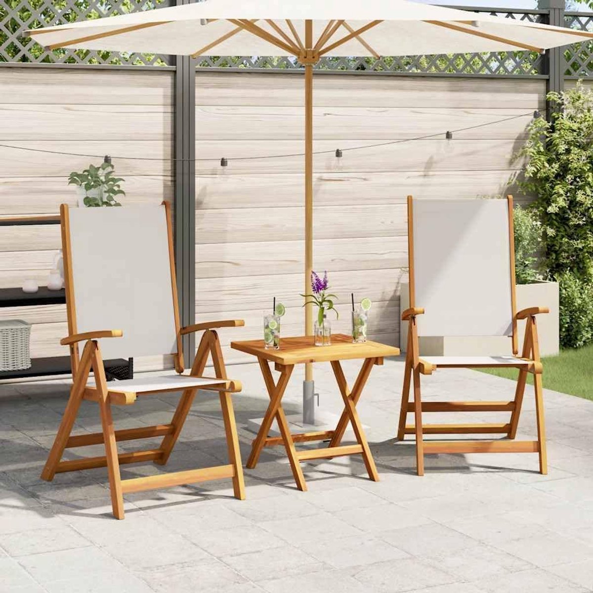 Tuinstoelen, 2 stuks, massief acacia- en textilene-hout, met verstelbare rugleuning op 5 niveaus, tot 110 kg per zitvlak.
