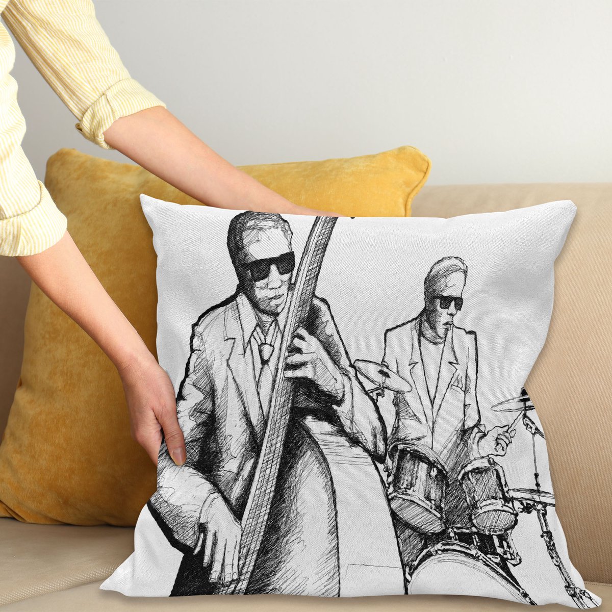 ABAKUHAUS Zwart-Wit Kussenhoes, Jazz Band Musiker, Water- en Vuilafstotende Stof met Digitale Print voor Binnen en Buiten, 45 x 45 cm, Wit Zwart