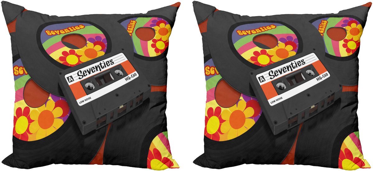 ABAKUHAUS Muziek Sierkussenhoes Set van 2, Kassette Vinyl 70er, Modern Accent Dubbelzijdige Digitale Print, 45x45, Meerkleurig