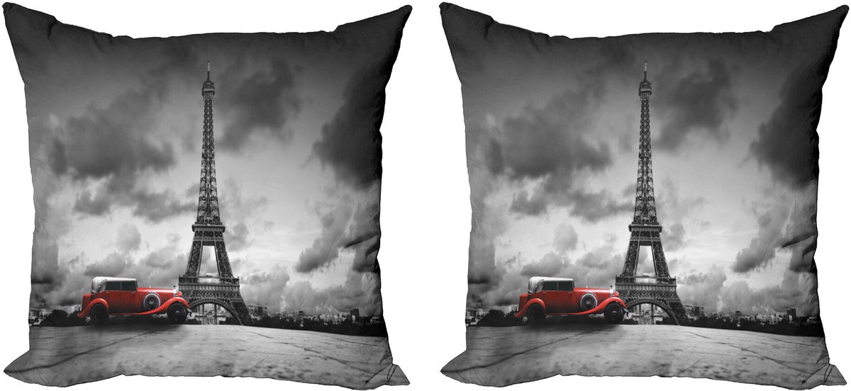 ABAKUHAUS Eiffeltoren Sierkussenhoes Set van 2, Französisch Auto Donker Wolken, Modern Accent Dubbelzijdige Digitale Print, 50x50, Zwart Grijs Rood