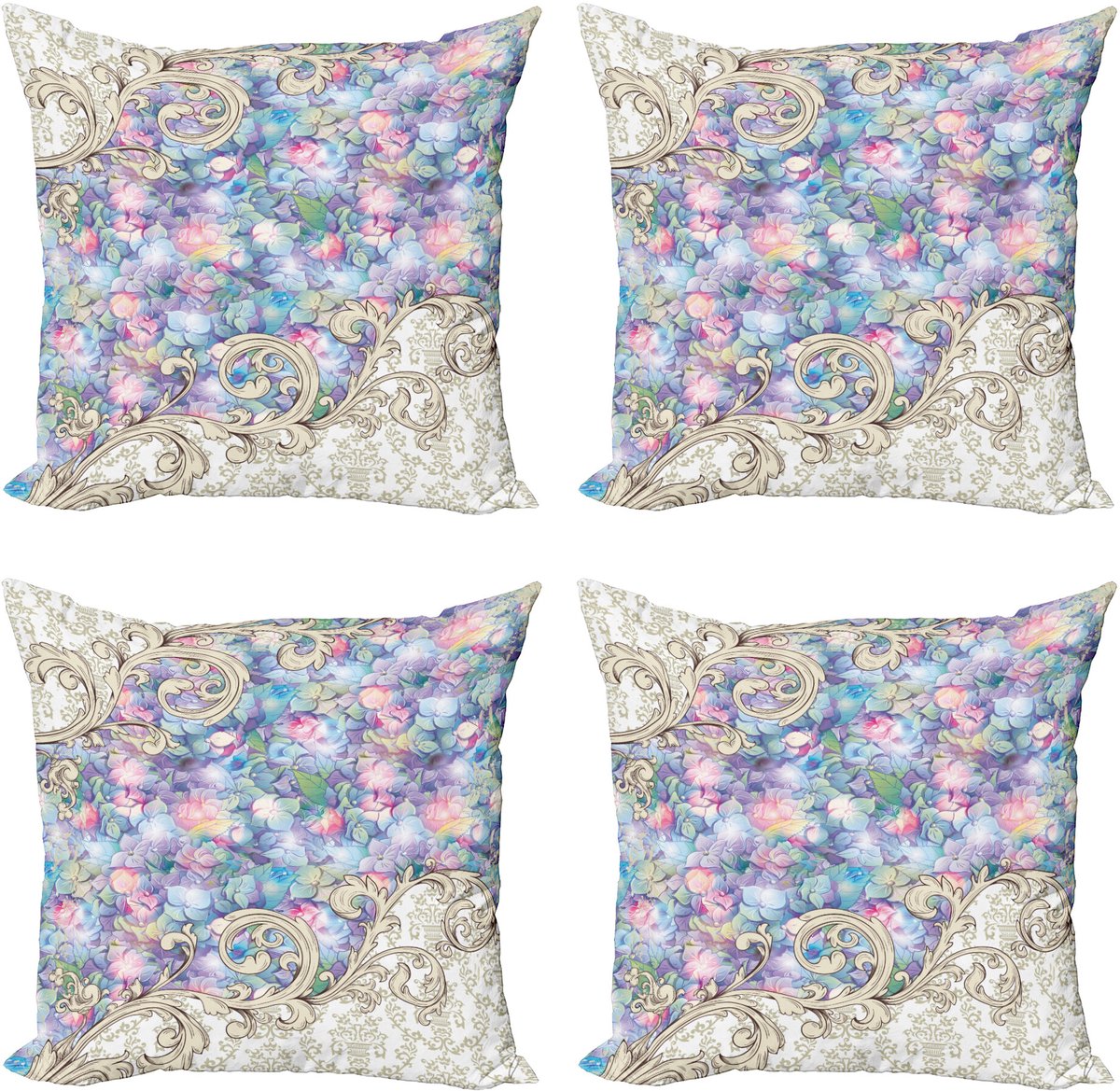 ABAKUHAUS Bloem Sierkussen Kussenhoes 4er Set, Barock Hortensien-Wirbel, Modern Accent Dubbelzijdige Digitale Print, 45 x 45 cm, Flieder en Crème