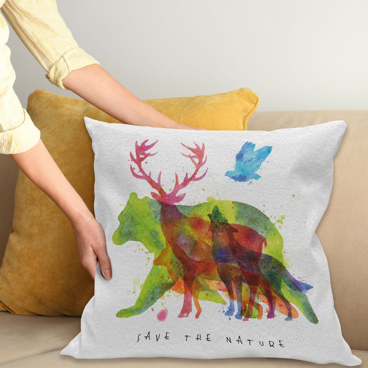ABAKUHAUS Dier Kussenhoes, Alaska Dieren Beer Wolf, Kussenhoes met Dubbelzijdig Patroon, Heldere Digitale Print, Kleurecht, met Ritssluiting, 40 x 40 cm, Meerkleurig