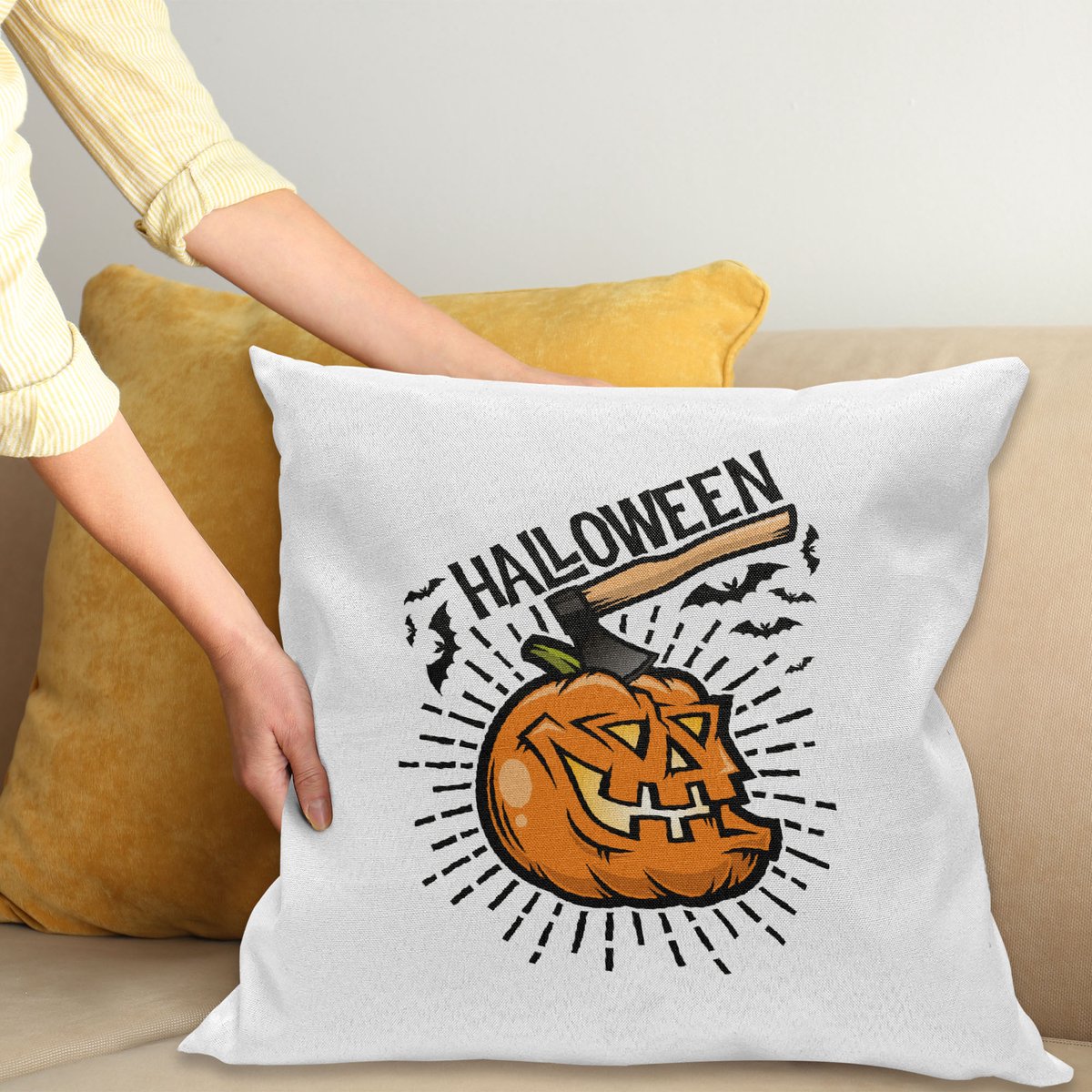 ABAKUHAUS Halloween Kussenhoes, Scary Pumpkin met Schlägern, Kussenhoes met Dubbelzijdig Patroon, Heldere Digitale Print, Kleurecht, met Ritssluiting, 40 x 40 cm, Wit Oranje Donkergrijs