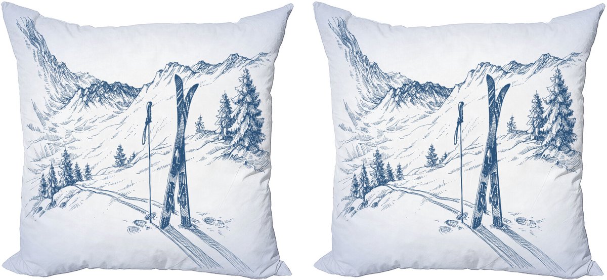 ABAKUHAUS Winter Sierkussenhoes Set van 2, Ski Sport Berg Uitzicht, Modern Accent Dubbelzijdige Digitale Print, 45x45, Blauw Wit