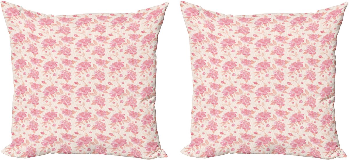 ABAKUHAUS Lente Sierkussenhoes Set van 2, Pinkish Aquarel Bloemen, Modern Accent Dubbelzijdige Digitale Print, 40x40, Roze Perzik en Crème