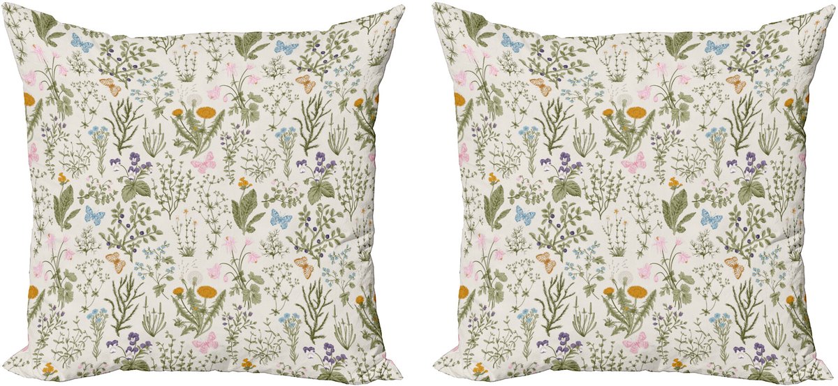 ABAKUHAUS Bloemen Sierkussenhoes Set van 2, Vintage Tuin Planten, Modern Accent Dubbelzijdige Digitale Print, 50x50, Reseda Groen Beige
